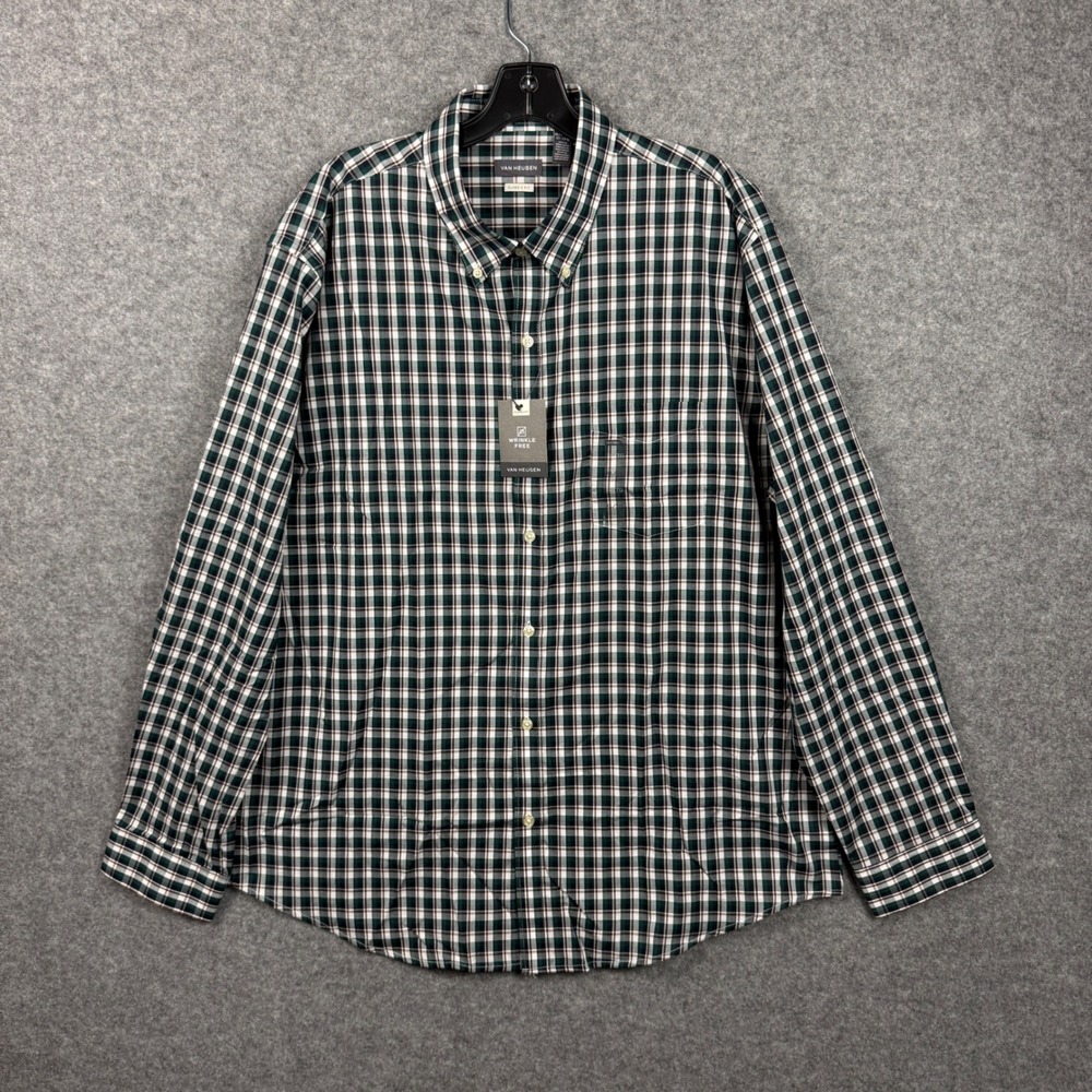 Van Heusen Mens XL Classic Fit Wrinkle Free Plaid Button Down Shirt Green White